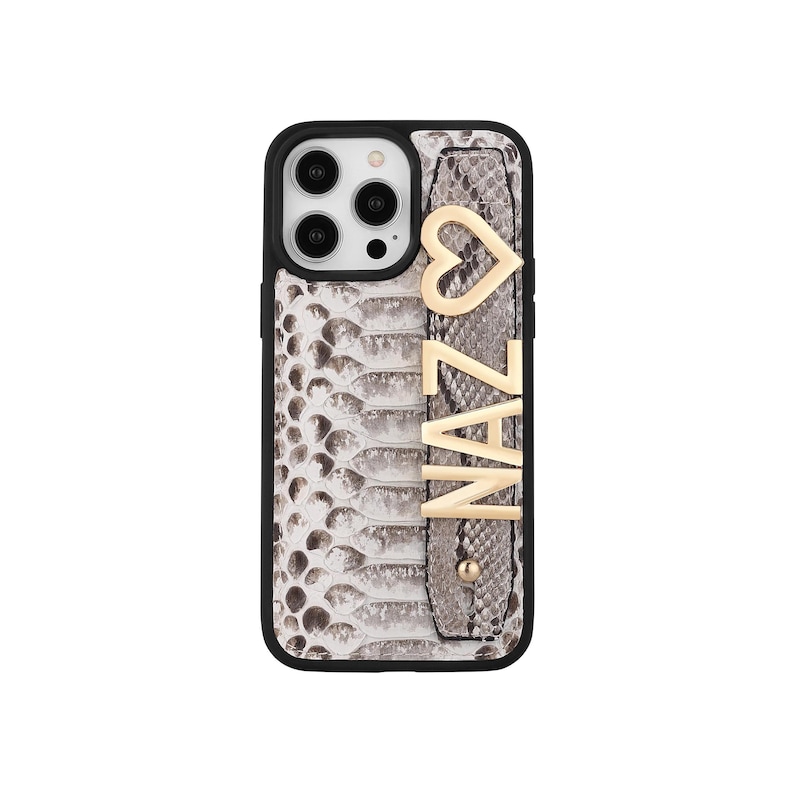 Personalized Python Leather iPhone Case | Gold Initial Charm Hand Strap image 1