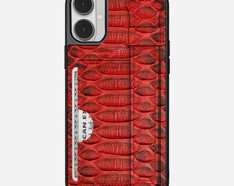 Personalized Red Python Leather iPhone Case: Handmade Card Holder & Hand Strap