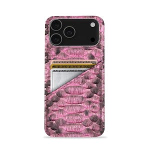 May include: Pink snakeskin-patterned phone case with a cardholder. The case has a black camera module with three lenses and a flash. The cardholder is visible, with two cards partially inserted, showcasing a practical and stylish design.