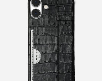 Personalized Genuine Leather iPhone Case with Card Holder & Hand Strap, Custom Name Phone Case, Luxury Croc Embossed Calfskin Leather Cover