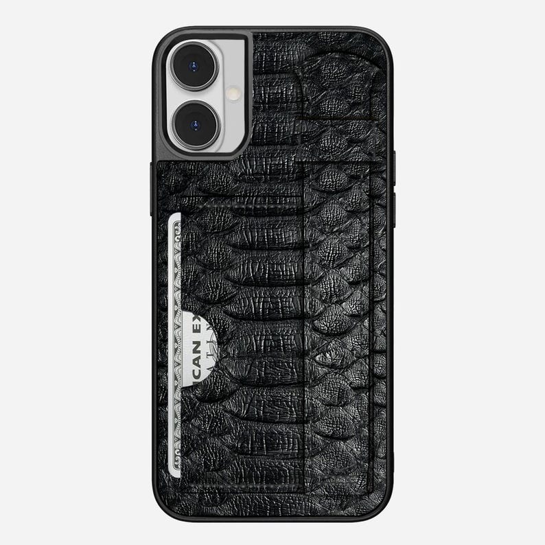 Personalized Python Leather iPhone Case: Black, with Card Holder & Hand Strap Ashe Classc Hnd Card
