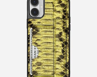 Personalized Python Leather iPhone Case: Yellow, with Card Holder & Hand Strap