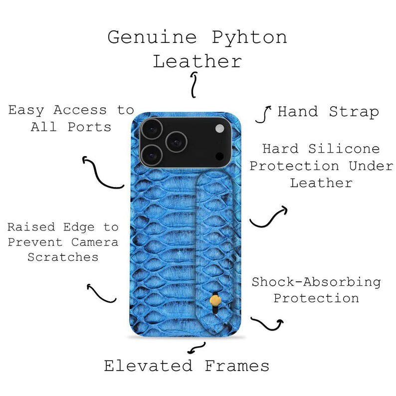 May include: A blue leather phone case with a snakeskin pattern. The case has a hand strap and raised edges to protect the camera. The text on the case says "Genuine Python Leather".