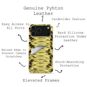 May include: A phone case with a snakeskin pattern in shades of gold and brown. The case features a cardholder, raised edges, and shock-absorbing protection. Text on the case reads "Genuine Python Leather".