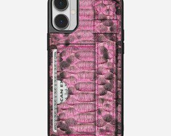 Personalized Genuine Python Leather Phone Case with Card Holder & Hand Strap, Pink İphone Phonecase