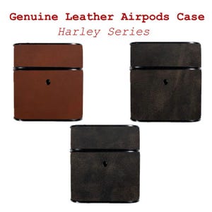 May include: Three genuine leather Airpods cases in brown, dark brown, and black. Each case has a black trim and a small circular detail. The text "Genuine Leather Airpods Case Harley Series" is at the top.