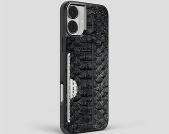 Personalized Python Leather iPhone Case: Black, with Card Holder & Hand Strap