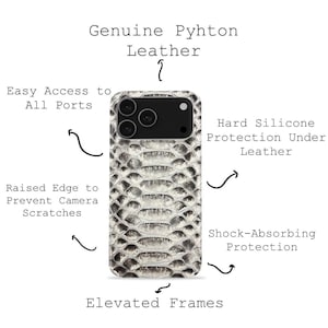 May include: A smartphone case with a snakeskin design in grey and white. The case has the text "Genuine Python Leather" and "Easy Access to All Ports". It also features "Raised Edge to Prevent Camera Scratches" and "Shock-Absorbing Protection".