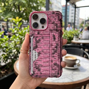 Personalized Genuine Python Leather iphone Case with Card Holder & Hand Strap, Pink İphone Phonecase