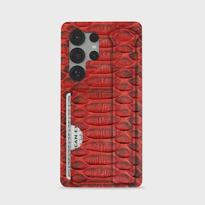 Red Leather Samsung Case Card Holder - Hand Strap, Genuine  Python Skin, Luxury Snake S25 Ultra Cover