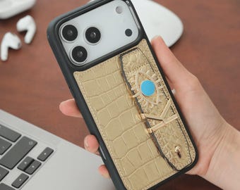 Personalized Metallic Gold Leather iPhone Case | Hand Strap & Initial Charm