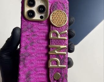 Personalized Deep Purple Python Leather iPhone Case | Gold Initial Charm