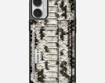 Personalized Python Leather iPhone Case: Handmade Card Holder & Hand Strap
