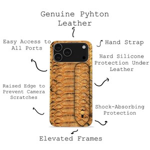 May include: A phone case with a textured, brown snakeskin pattern. The case has a hand strap, raised edges for camera protection, and easy access to ports. The text on the case reads "Genuine Pyhton Leather".