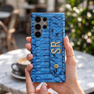 Leather iphone Case, Card Holder & Hand Strap, Genuine Blue Python, Personalized Phonecase
