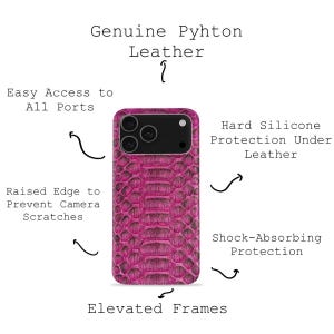 May include: A magenta phone case with a snakeskin pattern. The case has a raised edge to prevent camera scratches, easy access to all ports, and shock-absorbing protection. It is made of genuine python leather with hard silicone protection.