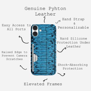 May include: A blue genuine python leather phone case with a card holder. Features include easy access to ports, a raised edge to prevent camera scratches, and shock-absorbing protection. The case is also personalizable.