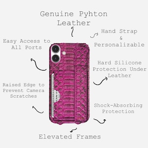 May include: A magenta leather phone case with a textured snakeskin pattern. The case has a card slot and features text that reads "Genuine Python Leather", "Easy Access to All Ports", and "Raised Edge to Prevent Camera Scratches".