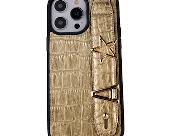 Personalized Metallic Gold Leather iPhone Case | Hand Strap & Initial Charm