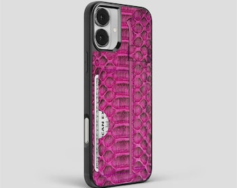 Personalized Python Leather iPhone Case: Deep Purple, Card Holder & Hand Strap