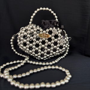 Heart Pearl Bag, Beaded Purse, Pearl Shoulder Bag, Satin Lined Bag, Removable Strap Bag, Handmade Gift Bag, Elegant Clutch, Statement Bag