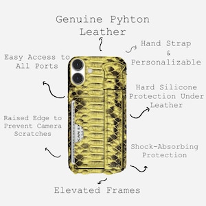 May include: A phone case crafted from genuine python leather, displaying a textured, scale-like pattern in gold and brown hues. The case includes a card slot, raised edges for camera protection, and the text "Genuine Python Leather". It also has a hand strap and is personalizable.
