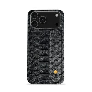 May include: Black textured phone case featuring a snake scale design. The case has a camera section with three lenses and a flash. A small gold-coloured button is on the bottom right corner of the case.