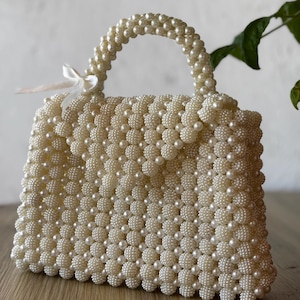 Handmade Pearl Beaded Bridal Bag – Ivory Top Handle Purse with Bow Detail for Wedding, Bridesmaids, Prom and Elegant Events, Pearl Handbag