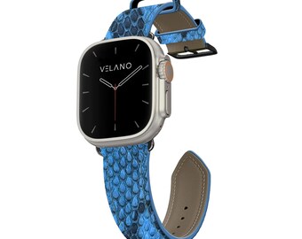 Leather Apple Watch Band: Custom Initials Available, Genuine Python, Handmade Exotic Strap iWatch, Blue