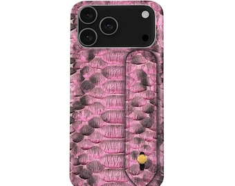 Personalized Pink Python Leather iPhone Case | Gold Initial Strap