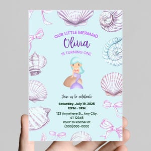 Mermaid Birthday Invitation| Editable Under the Sea Party Invite| Girl 1st Birthday| Printable Canva Template| Instant Download