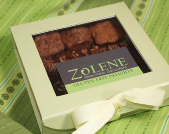 Gift Box of Gluten-Free Vegan Brownie & Blondie bites, moist, rich, healthy treats of fresh baked plant based flavors with or without nuts.