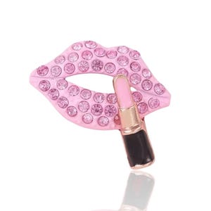 5 Pcs Pink Lipstick, Juicy Lippy Lips, Diamond Rhinestone, Bling Luxury Charm, Metal Alloy, Flat Back, Junk Charms, Craft Supplies, Bulk Buy