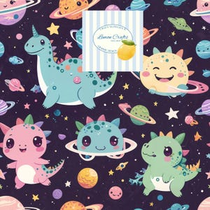 May include: A whimsical pattern featuring cartoon dinosaurs, planets, and stars on a dark purple background. The dinosaurs are in shades of blue, pink, and green, with smiling faces. The planets have rings and are in various colors. The image includes the text "Lemon Crafts".
