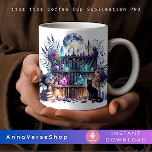 Witchy Bookshelf Mug Wrap, Magical Cat, Crystals & Moon – Sublimation Design, Halloween Coffee Mug PNG, Instant Download