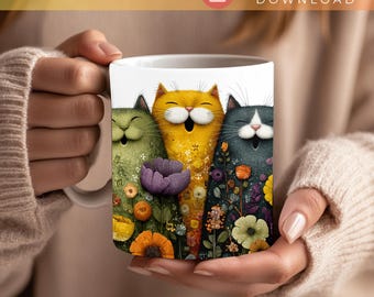 Taza con diseño de gato PNG, divertida taza para amantes de los gatos, diseño de sublimación de 15 oz y 11 oz con flores de colores, impresión para taza de café, descarga instantánea