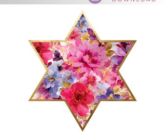 Floral Star of David PNG, Jewish Symbol Graphic, Support for Israel Sublimation, Instant Download