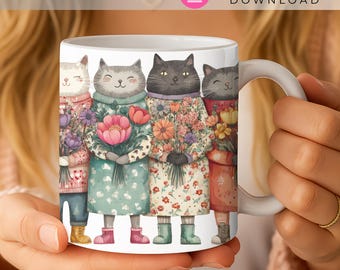 Niedliche Katzen Mug Wrap PNG, Blumenkatze Kaffeetasse Design, gemütliche Katze Sublimation, 11oz 15oz Becher Wrap, Sofort-Download