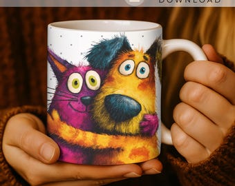 Cute Cat and Dog Mug Wrap PNG, Love Couple Mug Sublimation, Coffee Cup Design, Gift for Couple, 11oz 15oz Mug Wrap
