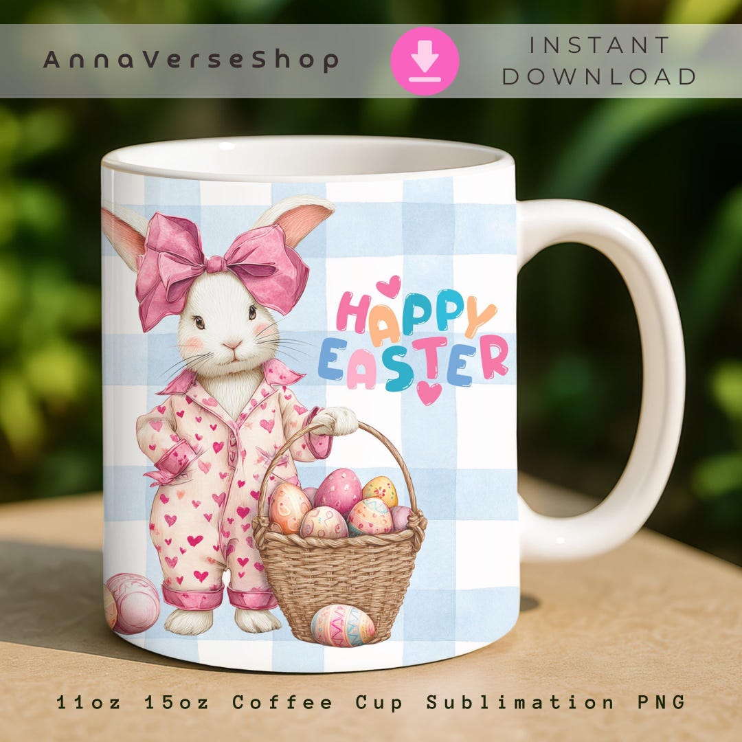 Easter Bunny Mug Wrap PNG, Cute Rabbit With Basket, Happy Easter Cup ...