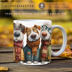 Könnte beinhalten: Weiße Keramik-Kaffeetasse mit drei Hunden, die Brillen, Schals und Pullover tragen. Die Tasse trägt den Text "11oz 15oz Coffee Cup Sublimation PNG" und den Shop-Namen "AnnaVerseShop". Die Tasse hat einen weißen Griff.