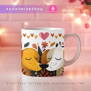 Dog Couple Mug Wrap PNG, Cute Valentine’s Day Sublimation for 11oz 15oz Mugs, Puppy Love Coffee Cup Design, Instant Download