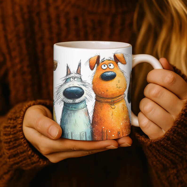 May include: White ceramic mug featuring a whimsical illustration of two cartoon dogs with expressive faces. One dog is orange with a brown collar, and the other is blue-grey. The mug has a white handle.