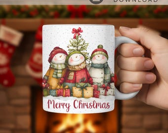 Schneemann-Weihnachtsbecher-Verpackung PNG, frohe Weihnachten Schalen-Hülse, festlicher Feiertag Schneemann-Sublimationsentwurf, 11 Unze 15 Unze Kaffeetasse-Druck