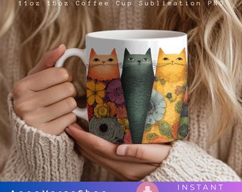 Taza de gato divertida PNG, envoltura para taza de amantes de los gatos, diseño de sublimación de tazas de gatos coloridos de 15 oz y 11 oz, taza de café de gato bohemio PNG, descarga instantánea