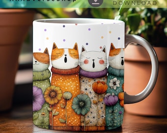 Envoltura para taza con diseño de gato, divertida taza de gato PNG, diseño de sublimación de tazas de gatos coloridos de 15 oz y 11 oz, impresión de taza de café linda, descarga instantánea