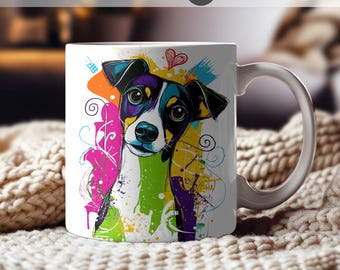 Diseño de taza para amantes de los perros, perro pop art colorido PNG, diseño de sublimación para taza de café de 325 ml y 400 ml, envoltura divertida para taza de cachorro, descarga digital instantánea