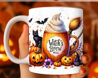 Witch's Brew Halloween-muggomslag PNG, läskig svart kattpumpadesign (digital nedladdning)