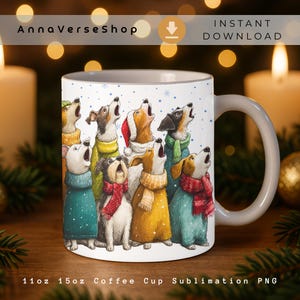 Christmas Dog Choir Mug Wrap, 11oz & 15oz Coffee Cup PNG, Dog Lover Sublimation, Singing Dogs Winter Holiday Instant Download
