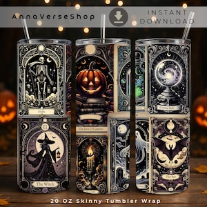 May include: Three skinny tumblers with straws featuring a tarot card design. The graphics include a skeleton labeled Death, a witch, a jack-o'-lantern on books, a candle, a crystal ball, and a bat. The color palette is black, cream, and orange.